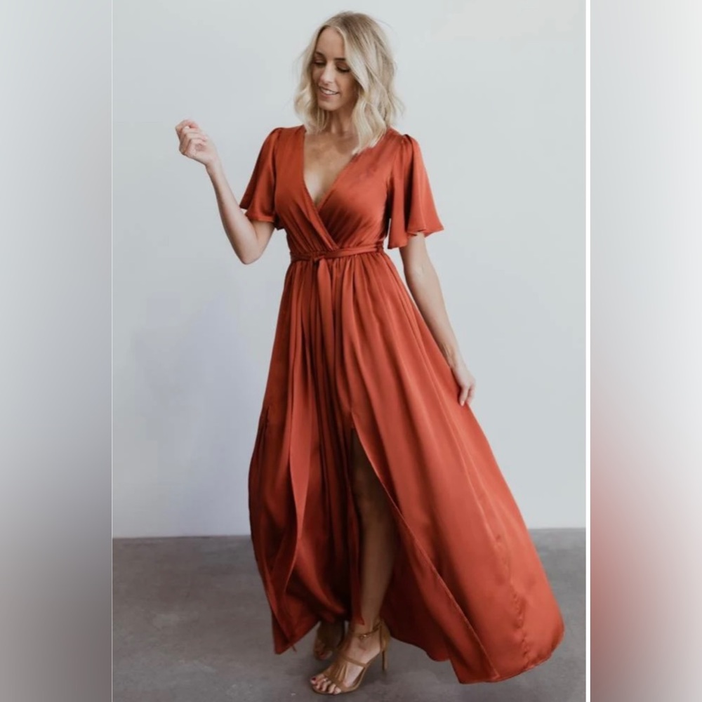 Baltic Born, Sicily Satin Maxi dress, Extra Small, color- rust